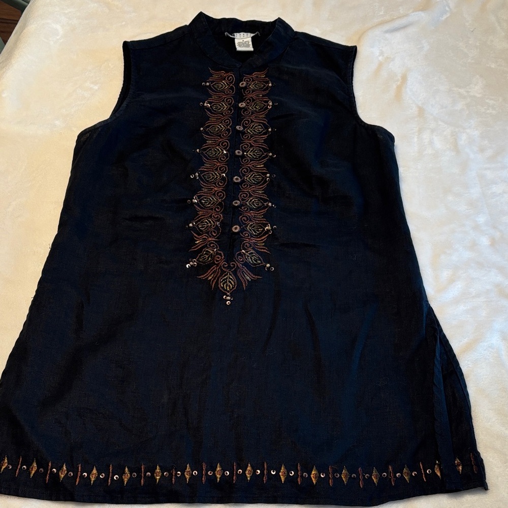 Women's CAROLE LITTLE Black Sleeveless Linen Embroidered Tunic/Top Size 8 - Picture 9 of 12